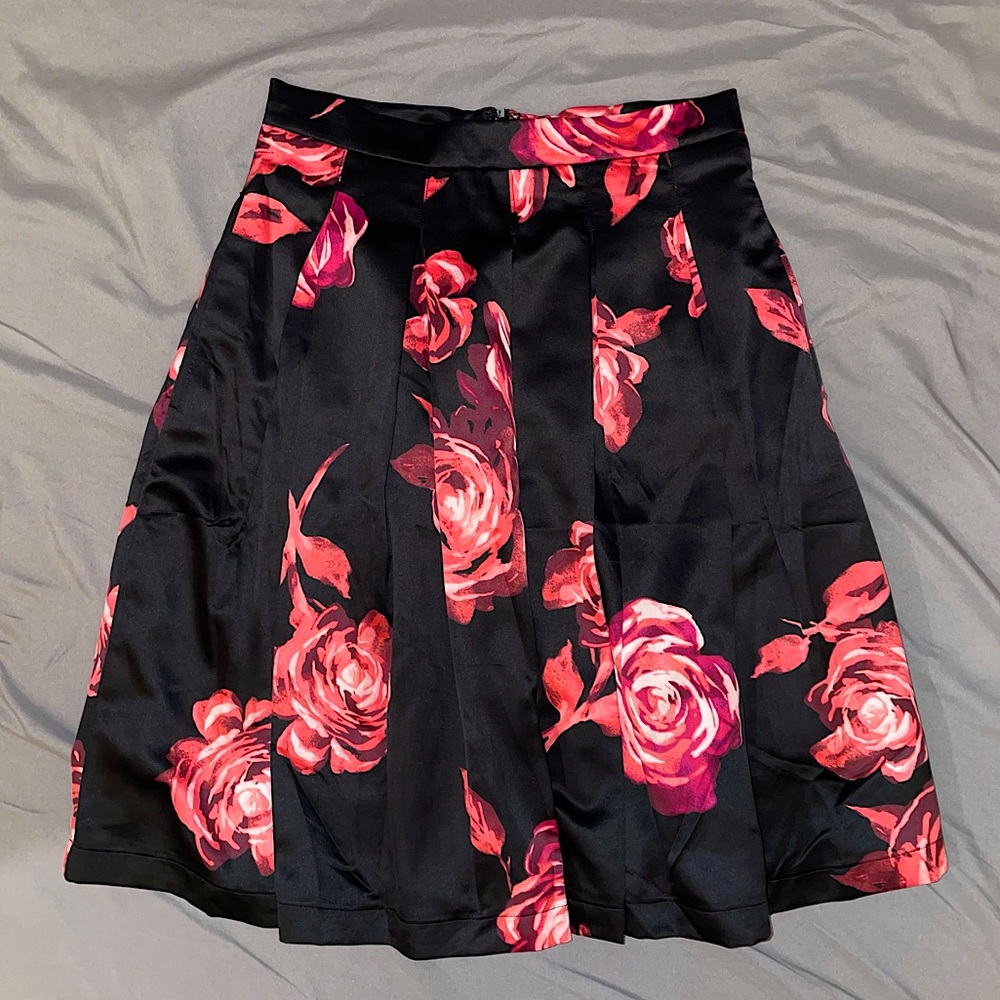 A-line pleaded floral roses high waist knee length silky dress skirt
